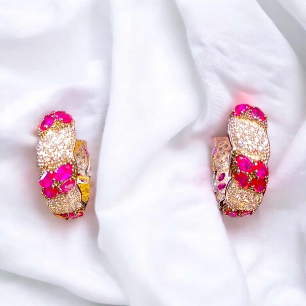 Regency Style Rhodium Plated CZ and Ruby Earrings